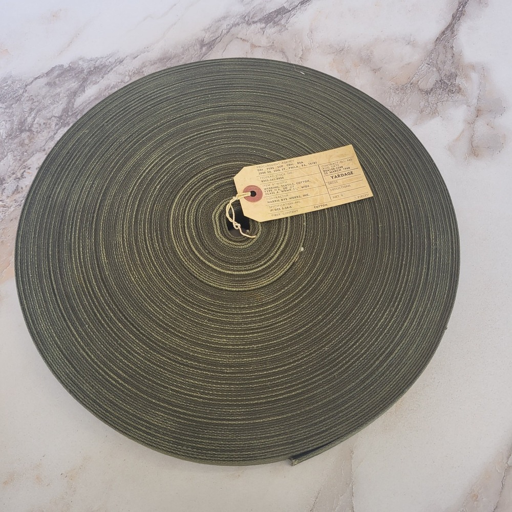 Vintage 1966 US Military OD #7 Cotton Webbing Roll 1 1/4" DSA100 Vietnam War